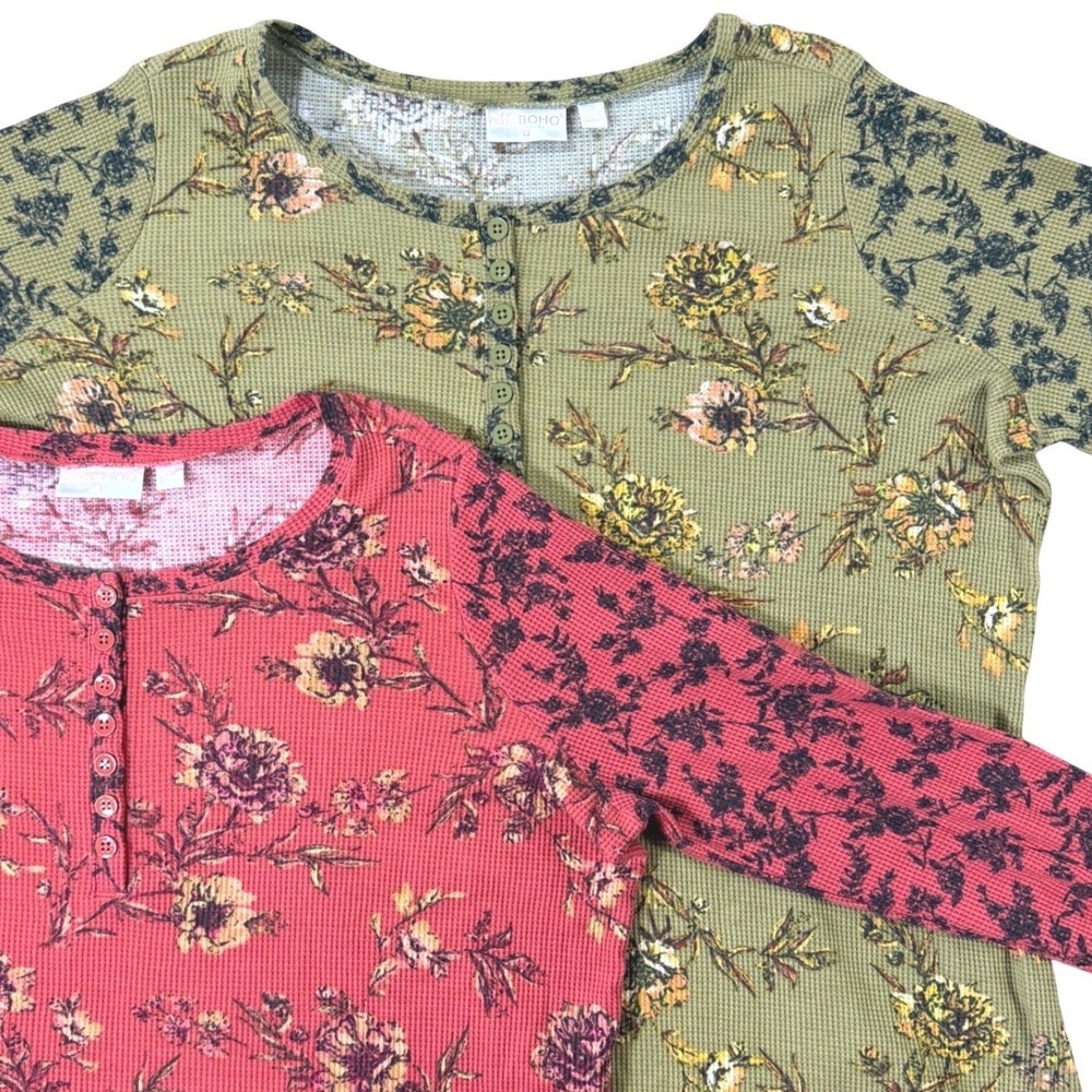 Thermal Henley Top Set/2 Womens 2X Belle Boho Kim Gravel Waffle Knit Floral Plus